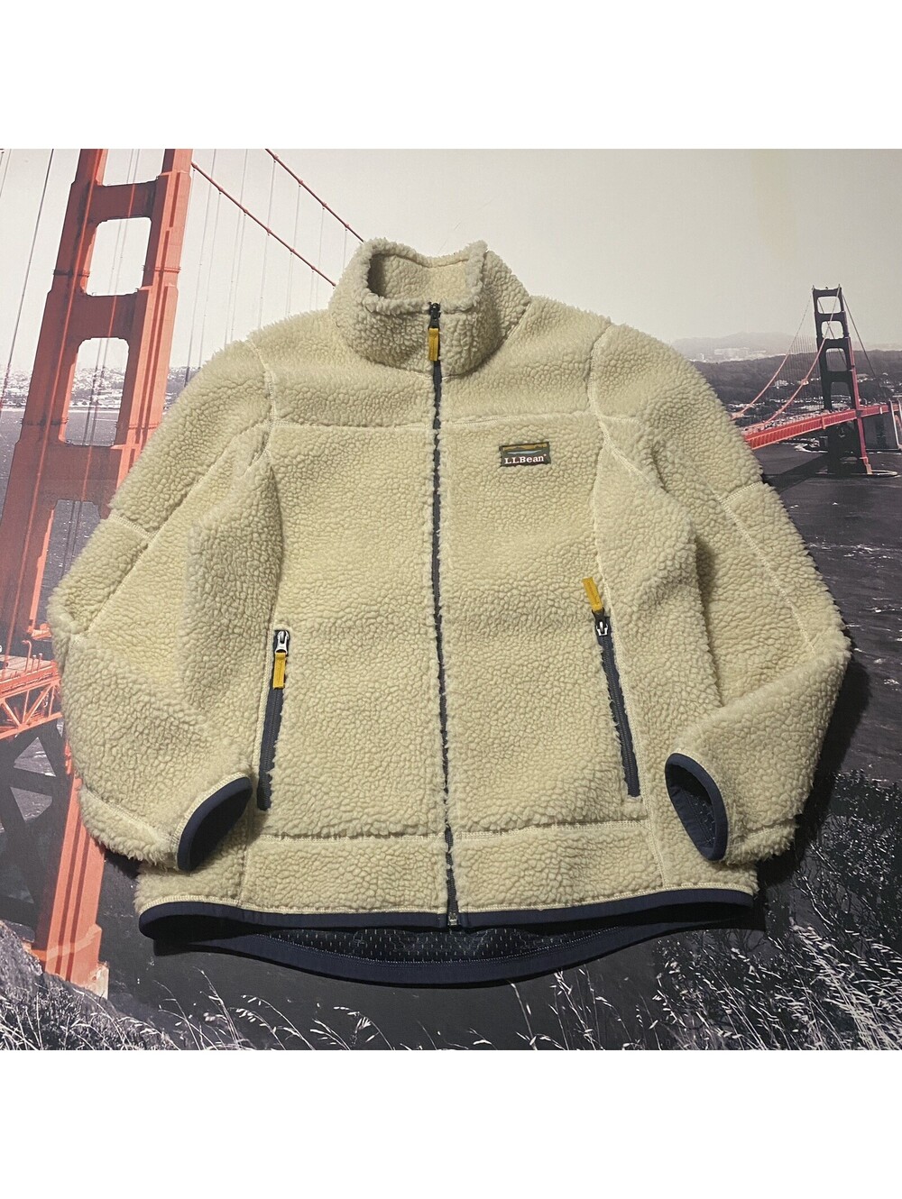 LL Bean Mens Sz Medium Mountain Deep Pile Sherpa Fleece Jacket Full Zip Oatmeal